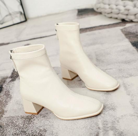 Brown chunky French short boots for women to look slimmer. New square-toed, beige ankle and mid-high heels of bare boots C1349