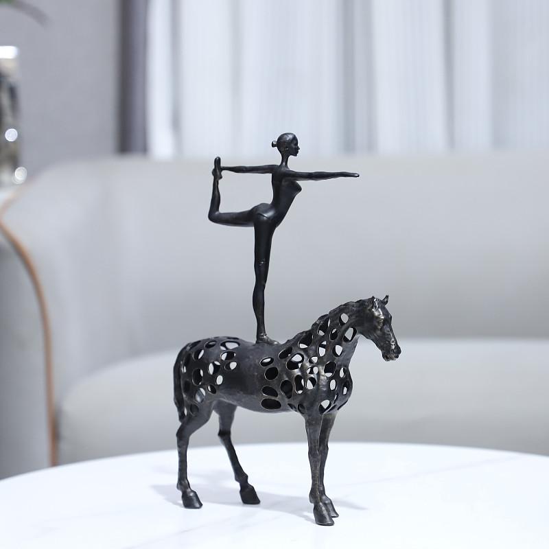 Cast Iron Hollow Horse Dancing Girl Ballet Dancer Dancing Horse Statue on Horseback Metal Figurine Sculpture of Realistic Animal