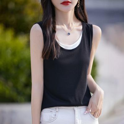 Contrast Color Large U-neck Fake Two-piece Sleeveless Vest Women's Double Layered Tennis Suspender Base Shirt New T-shirt Top