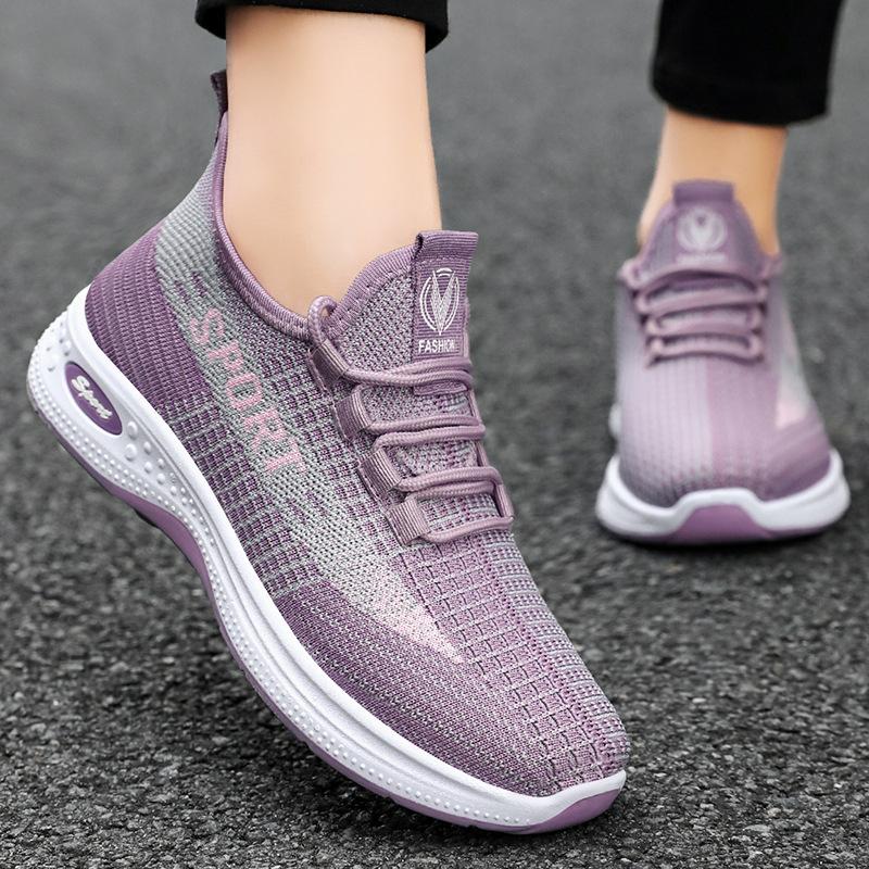 Women's shoes new summer sports shoes breathable fly-woven running shoes soft sole lightweight single shoes lace-up shock-absorbing shoes women's
