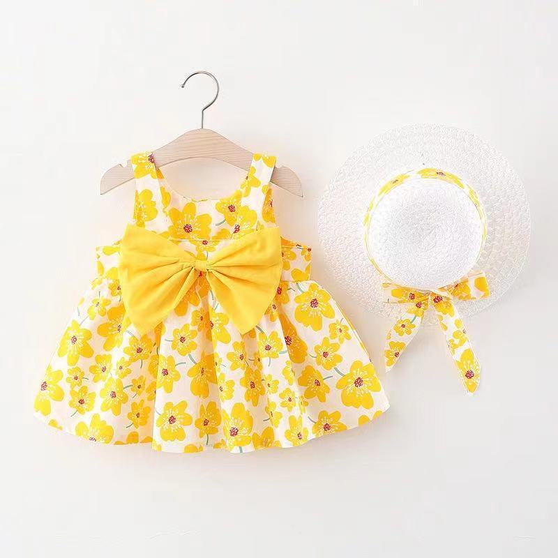 A749 Summer Baby Girl Princess Dress with Big Bow & Flower Skirt, Includes Hat, for Ages 1-4