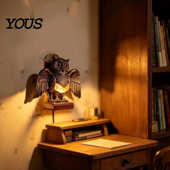 Small Bedside Lamp Table Night Light with Golden Owl, Farmhouse Retro Desk for Living Room Bedroom Office, Rustic Nightstand Reading Corner