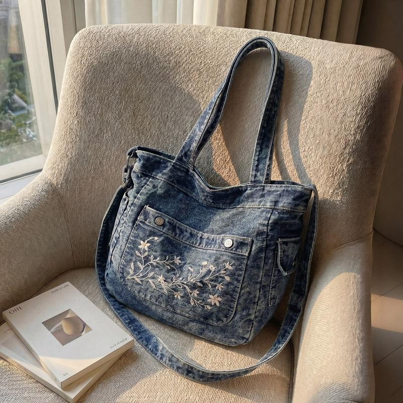 Vintage Haftowana Jeansowa Torba Tote dla Kobiet Duża Pojemność Casualowa Torba na Ramię