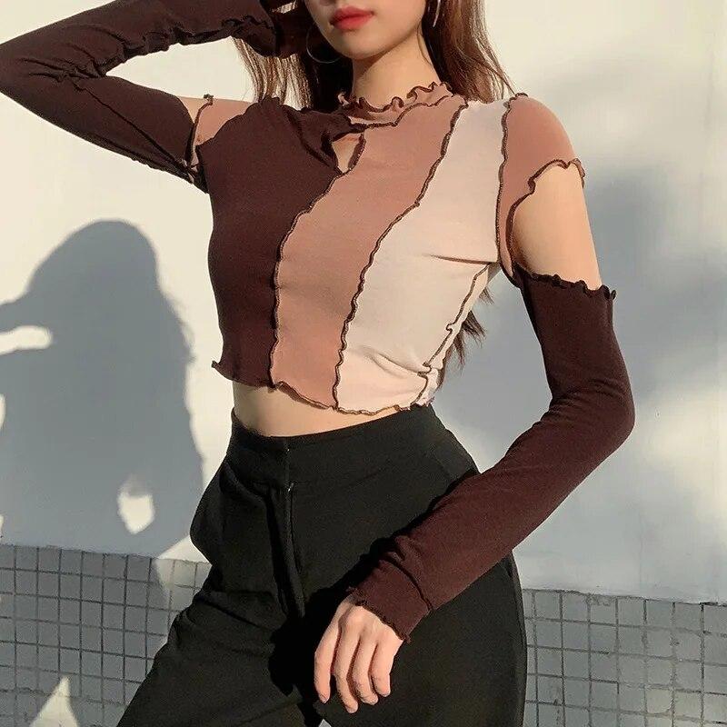 VAYLA Frill T Shirt Cut Out Crop Top For Women Y2K Pullovers Contrast Long Sleeve Short T Shirt Harajuku Clubwear Autumn Top