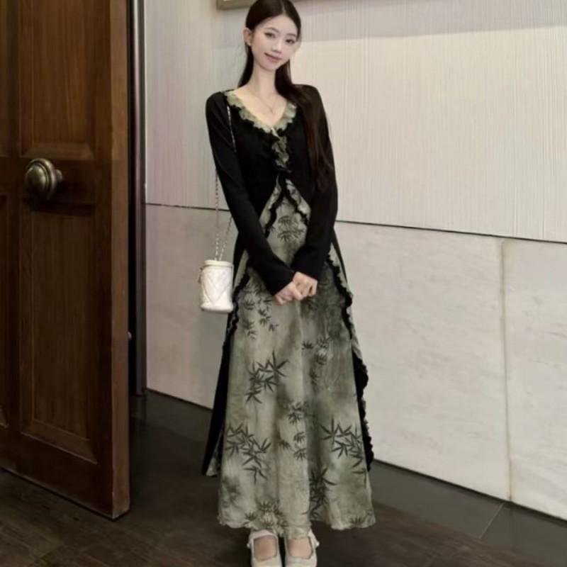 New Chinese Style V-Neck Slim Dress Women Early Plus Size Elegant Long