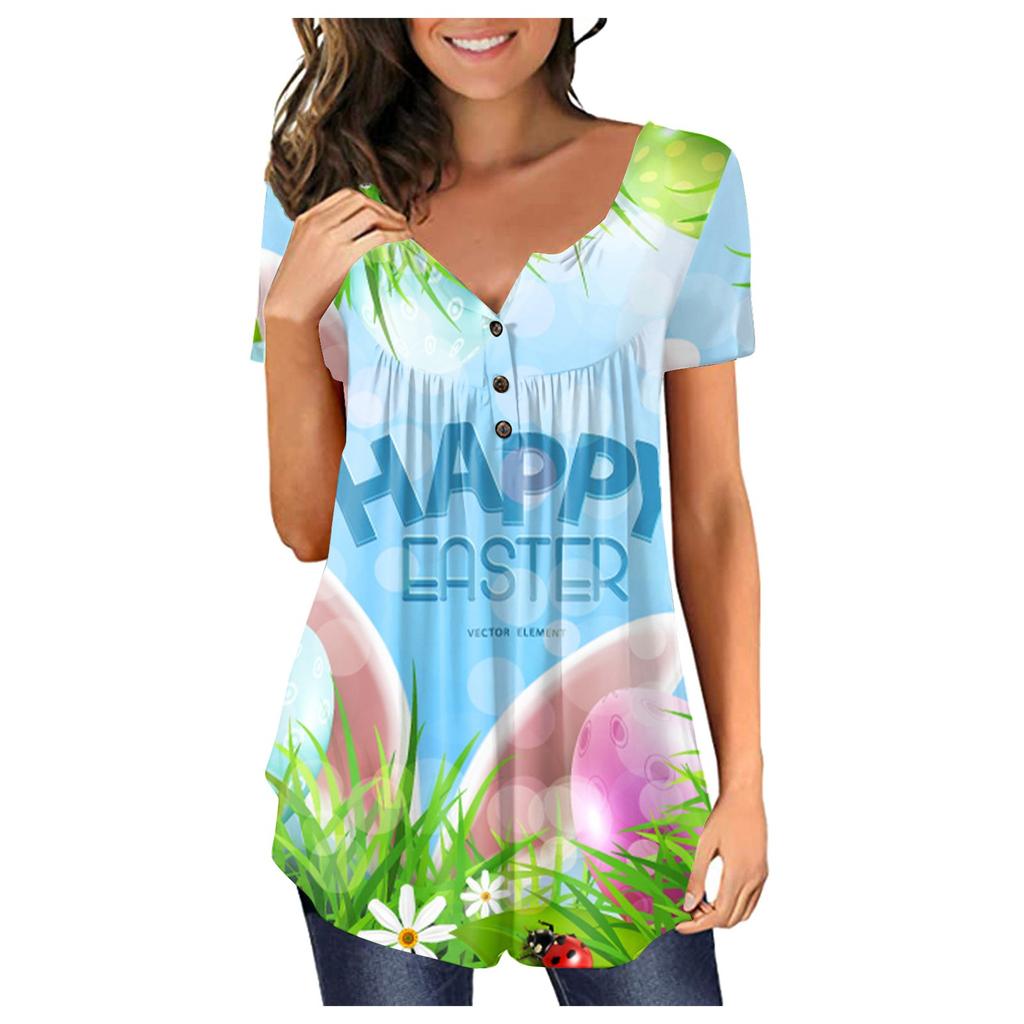 Fashion Women's EasterPrint Autumn And Winter Casual Round Neck Printed Short Sleeve Top