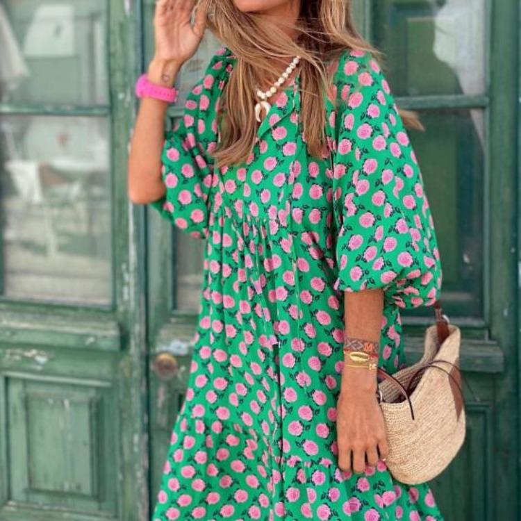 Autumn Bohemian Women Dress Geometric Print Ruffles Long Dress with Large Hem for Beach