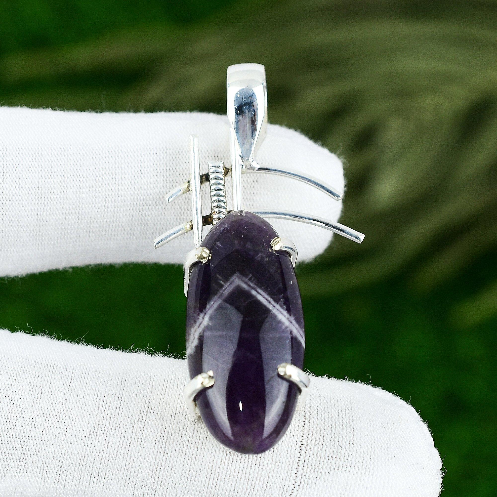 

Oval Chevron Amethyst Stone 925 Silver Handcrafted Bezel Wedding Pendant Jewelry