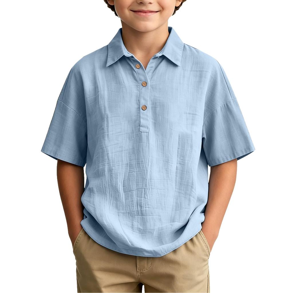 Boys Short Sleeve Shirt Cotton Linen Blend Lightweight Breathable Summer Casual Top with Button Placket and Classic Collar for Kids