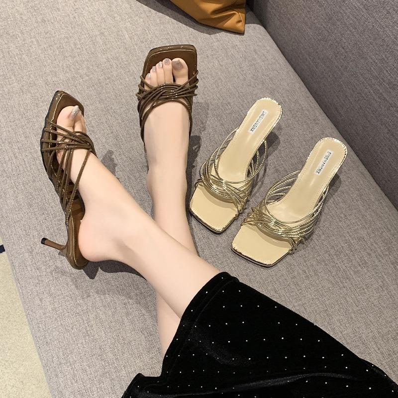 New square head crossed thin strap high heel cool slippers femininity thin heel open toe slippers outer wear