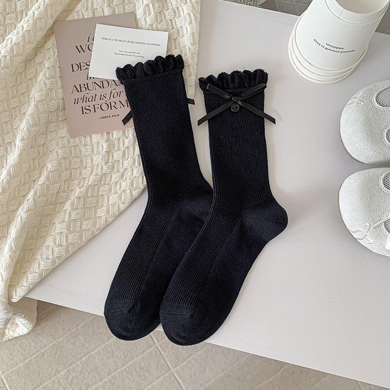 Female Spring and Autumn Sweet Ribbon Bow Button Lace Ballet Wind Drum Pile Socks
