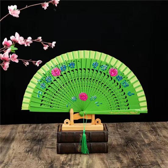 Faltfächer mit Quasten, doppelseitig, Blumenmuster, hohle Holzrippen, Laufstege, Tanz-Wing-Chun-Requisiten, Damen, Sommer-Handfächer, Partyzubehör