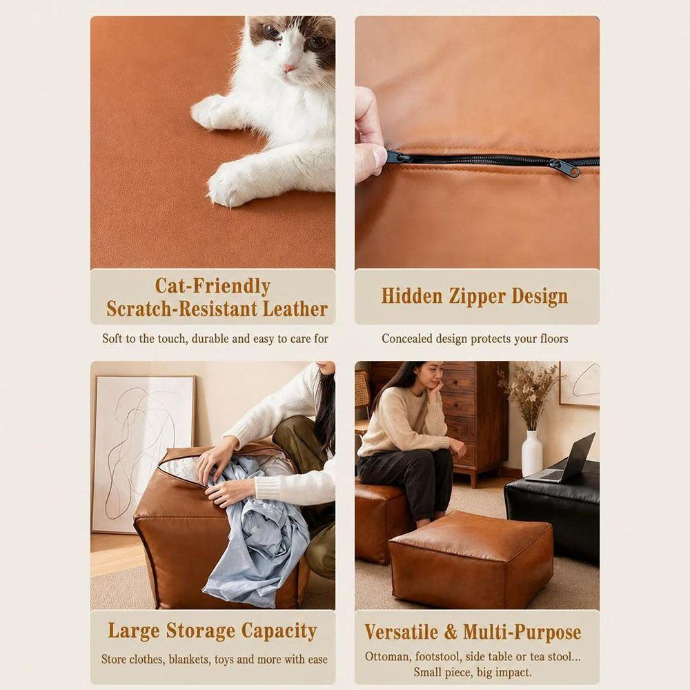 PU Leather Fillable Storage Ottoman Cover Fillable Wear Resistant Storage Footstool Claw Resistant Waterproof Pouf Cover