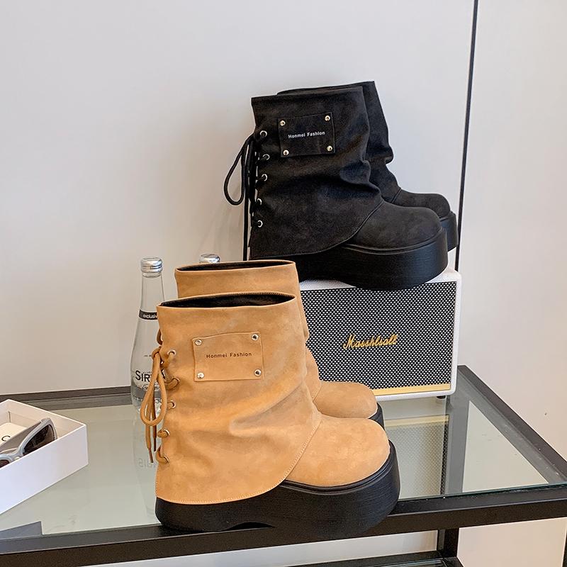 Thick Bottom Women Ankle Boots Designer Back Lace Up Platform Heel Shoes Autumn Winter Modern Short Booties