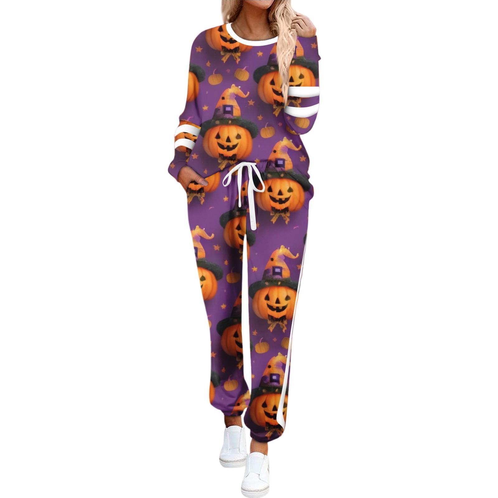 

Women s Round Neck Long Sleeve Suit Halloween Printed Casual Suit Long Pants With Pockets XL фіолетовий