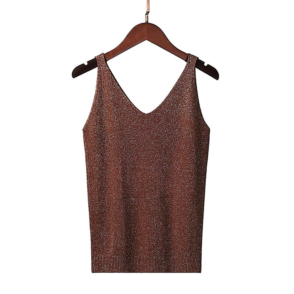 Women's Tank Top With Knitted Sequins Sexy Sleeveless V Neck Tank Top T-Shirt Casual Sequins Strappy T-Shirt Elegant Blouse