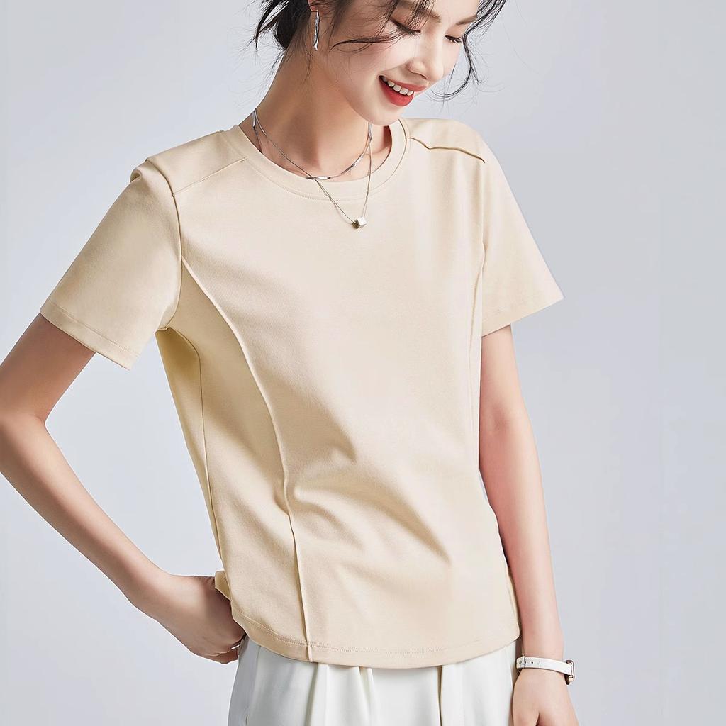 Women's Short Sleeve Basic Top O Neck Casual Chic Tee Solid Color Curved Hem Splicing T Shirt