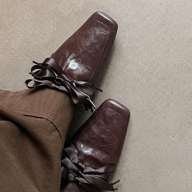 Fashion Retro Square Toe Leather PU Women Loafers Comfort Low Heel Bow Tie Designer Mules Casual Shoes for Women Elegant Ballet Flats