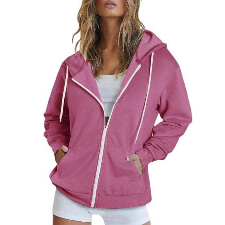 Women Loose Sport Hoodie Autumn Spring Coat with Hood Drawstring Long Sleeves Pockets Zip Up Elastic Cuff Hem