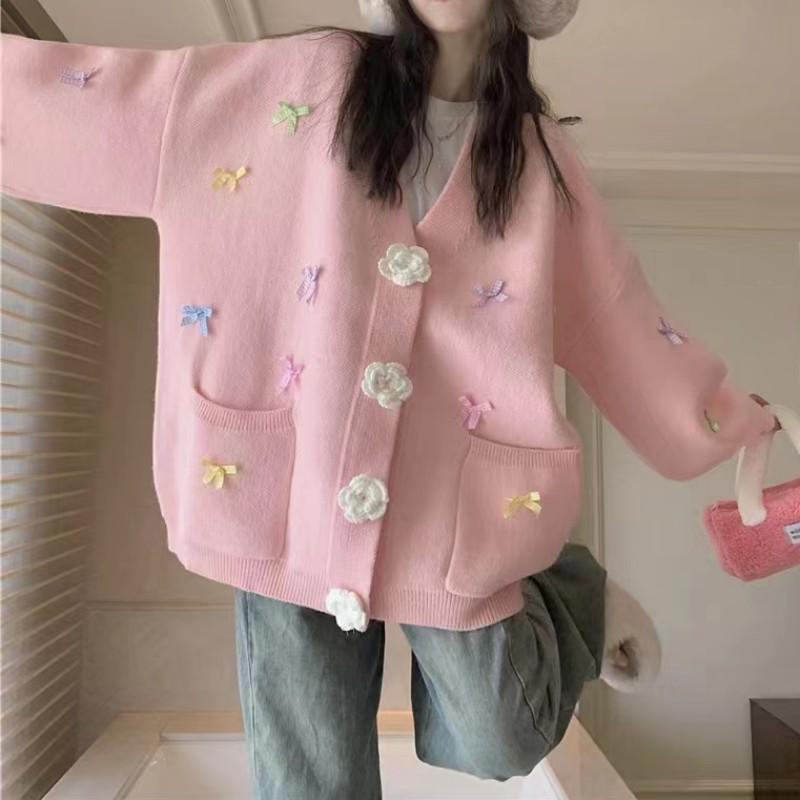2025 Autumn/Winter Loose Candy Color V-Neck Knit Cardigan with 3D Flower Bow for Women