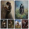 Vintage Dark Academia Mittelalterlicher Ritter auf Wildblumenwiese Fantasy-Schwert Poster Leinwandbild Wandkunst Bilder Heimdekoration