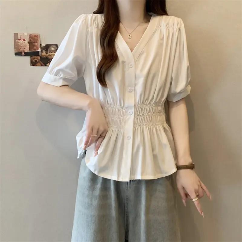 

200 Pounds Plus Size Elastic Waist Office Lady Trend Shirt and Blouse Short Sleeve Solid Top Women Clothing V-neck French Chic S белый