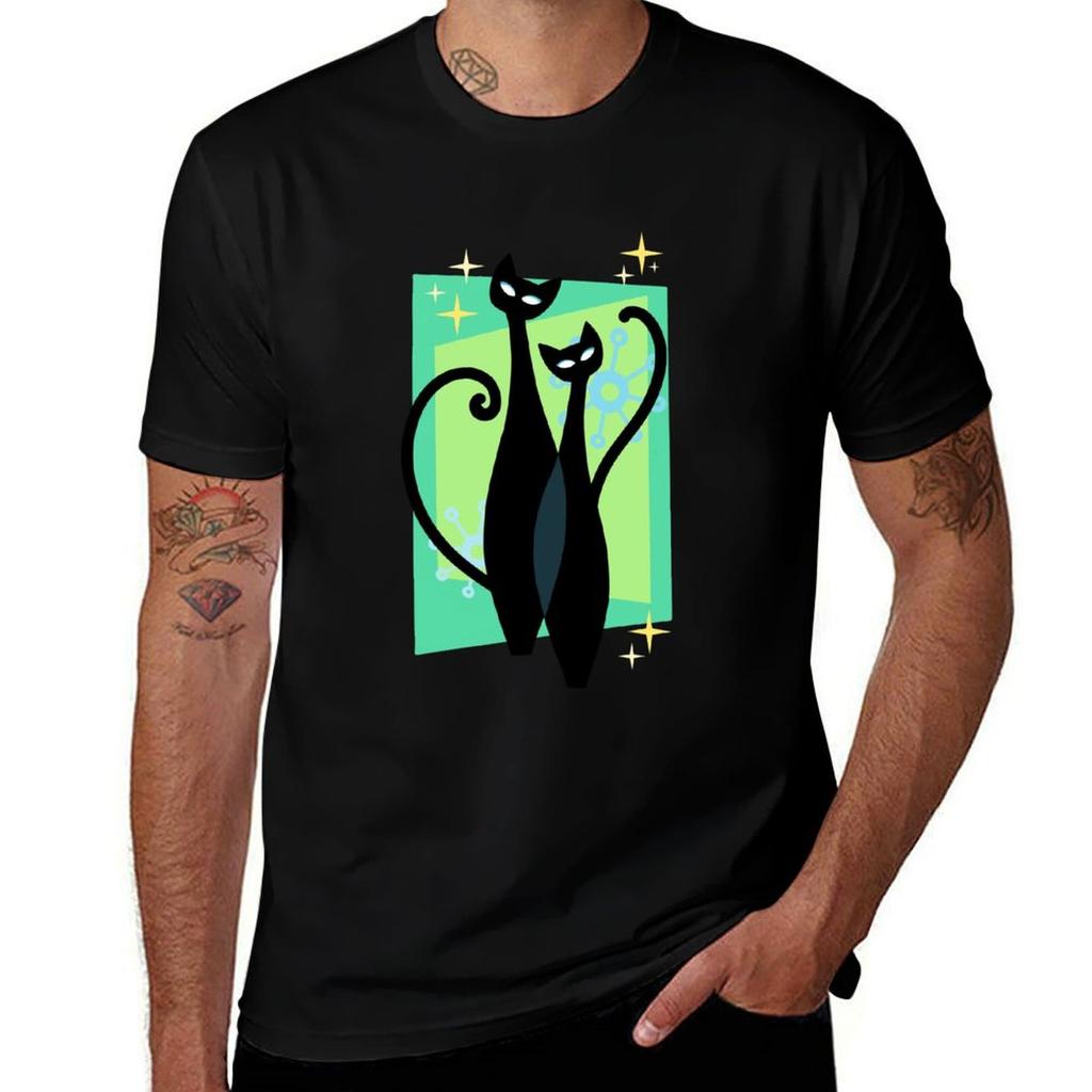Sassy Sparkling Atomic Age Black Kitschy Cats TShirt Lightweight Print TShirt