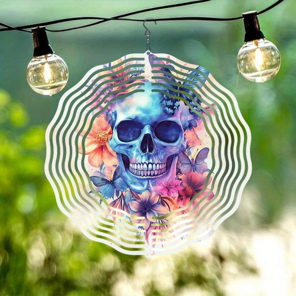 360° Rotating Wind Chime with Colorful Butterfly & Skull 2D Metal Art - Outdoor/Indoor Garden & Patio Decor, No Electricity Needed