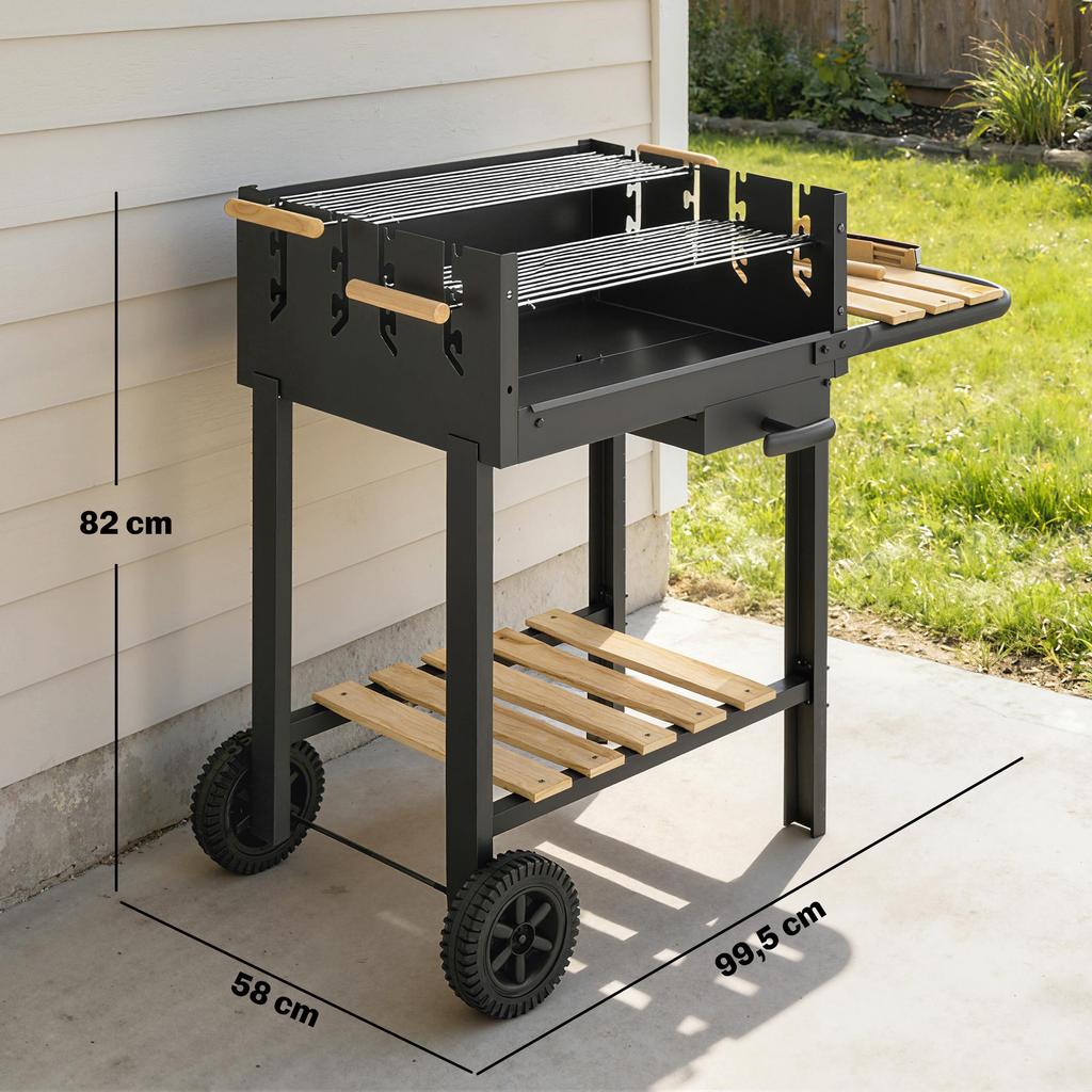 Wooden Barbecue Cart, 2 Adjustable Grills, Charcoal Barbecue On Wheels, Side Shelf, Black