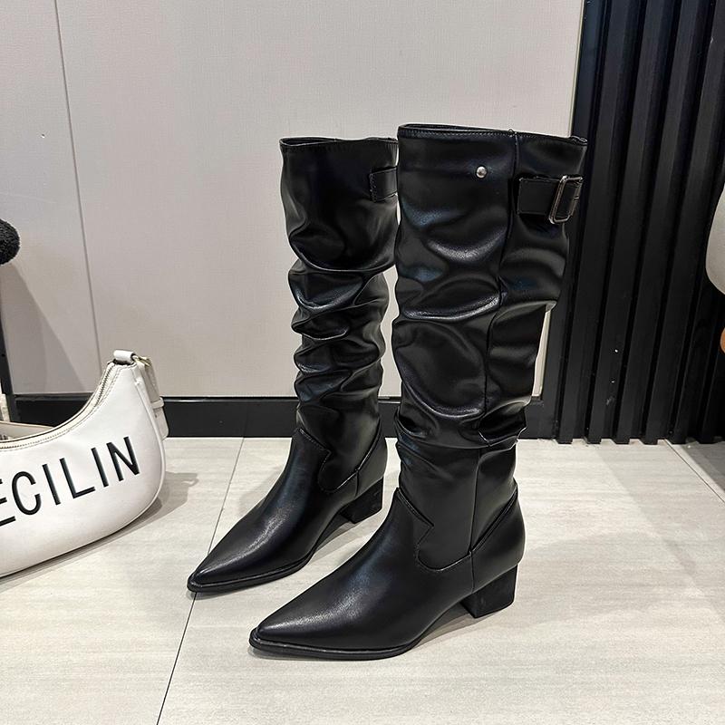 Sexy Pointed Toe Women High Boots Fashion High Heels Glossy Leather Shoes  Winter Suede Knee Goth Botas Mujer Luxury Pumps