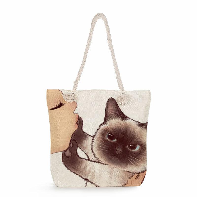 Multifunctional Cute cat Printed Thick Rope Shoulder Beach Bag 7584