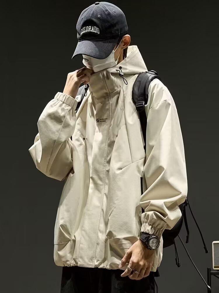 Men's Trendy Outdoor Hooded Windbreaker: Functional Loose-Fit Jacket for Spring, Autumn, Winter