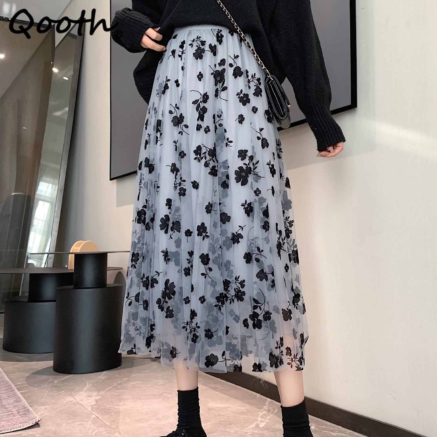 

Qooth Tulle Floral Skirt Spring Summer Sweet Calf Length Printed A line Skirt QT2020 Free Size хакі