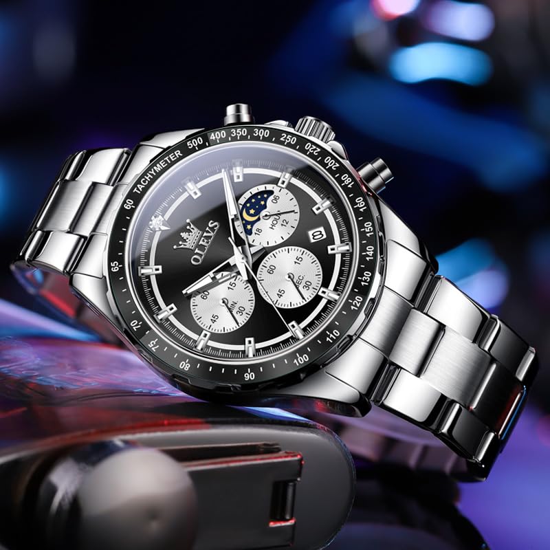 OLEVS Quartz Moon Watch for Metal Black Men's Watch, Popular, Business, Student, Phase, Chronograph, Men, Gift, Luminous, Waterproof, Date, Band,