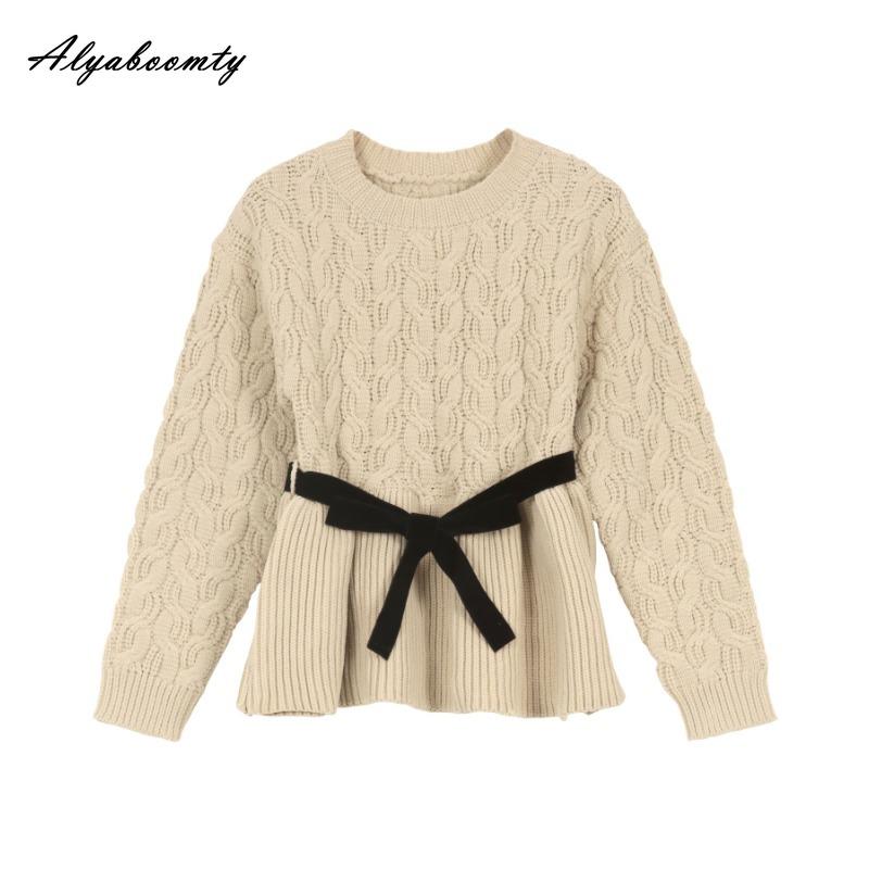 

2025 Корейский стиль Весна Осень Женский свитер Короткий O-образный вырез Абрикосовый серый однотонный вязаный пуловер Элегантный женственный женский свитер с поясами One Size