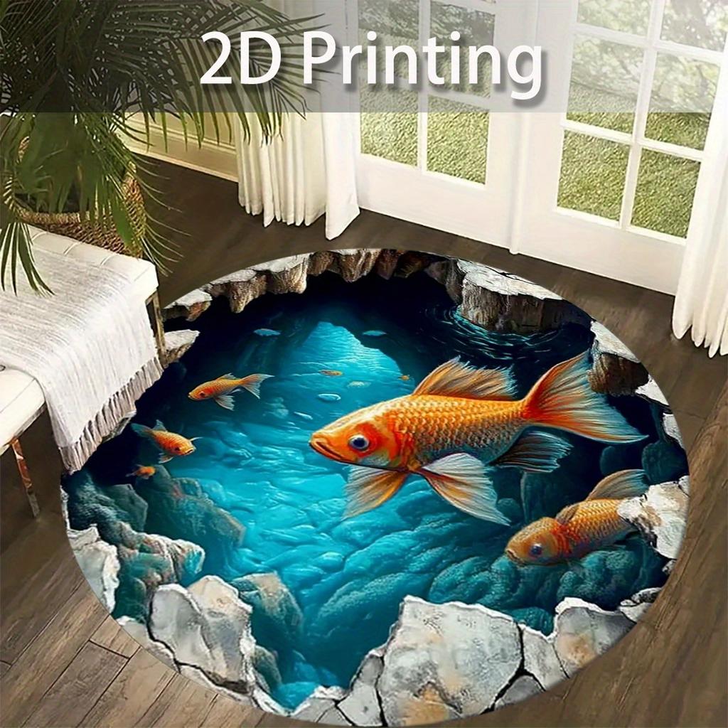 1pc 3D Goldfish Swimming Pattern Round Rug, Non-slip Floor Mat for Living Room, Bedroom, Bathroom, Holiday Home Decoration