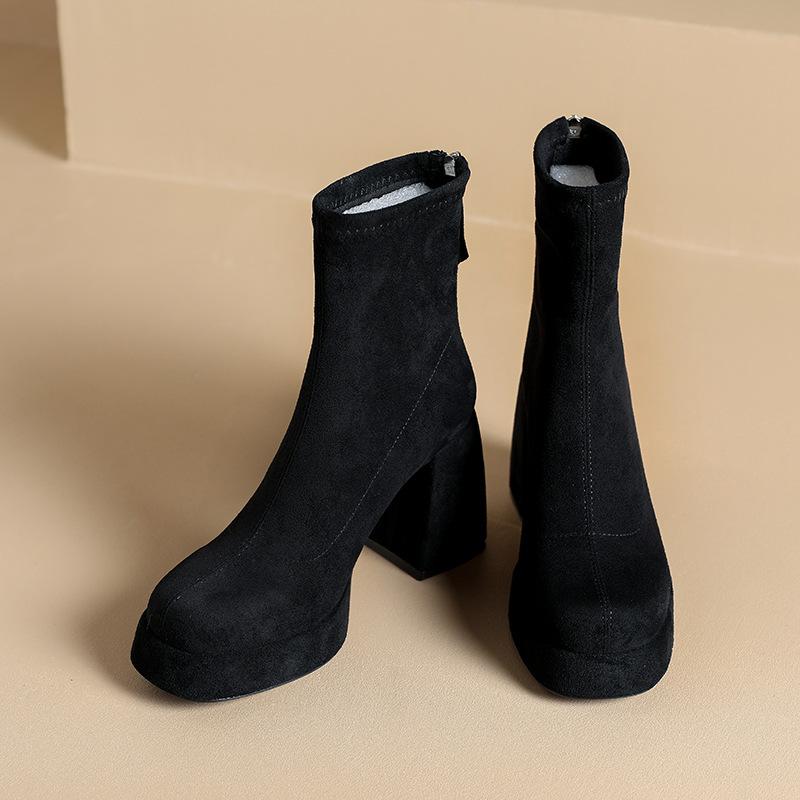 Fleece Thin Boots Women's Short Boots New Round Head Thick Heel Suede Elastic Socks Boots Waterproof Table Warm and Ankle Boots