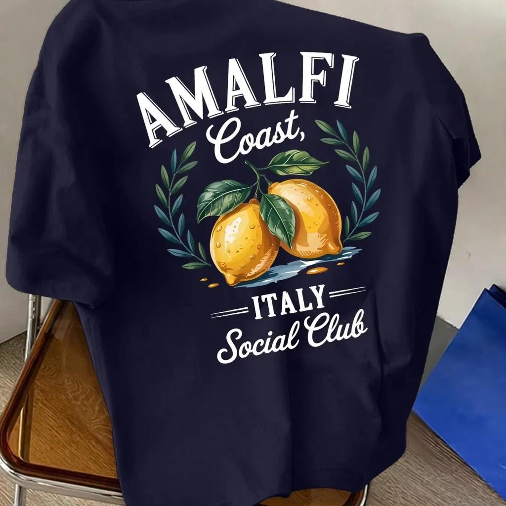 Baumwolle Unisex T-Shirt Amalfi Küste Social Club Italienisches Zitronenmuster Unisex Lässiges Urlaubs Oberteil