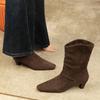 Botas Western Femininas Retrô de Camurça, Folgadas, com Salto Bloco na Altura da Panturrilha
