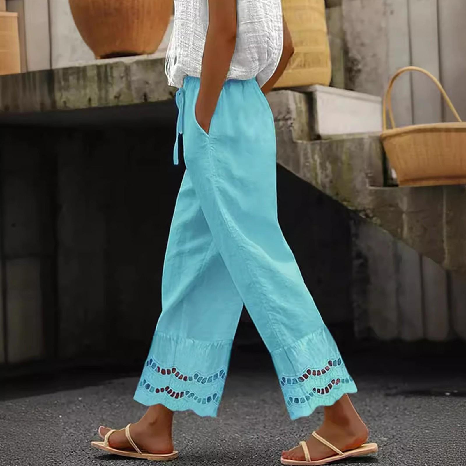 

Женские повседневные однотонные брюки с эластичным поясом и кружевом в стиле пэчворк XL светло-синий