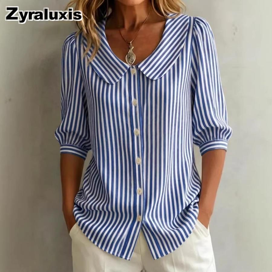 New Summer Striped Ruffle Collar Button-Down Shirt for Women