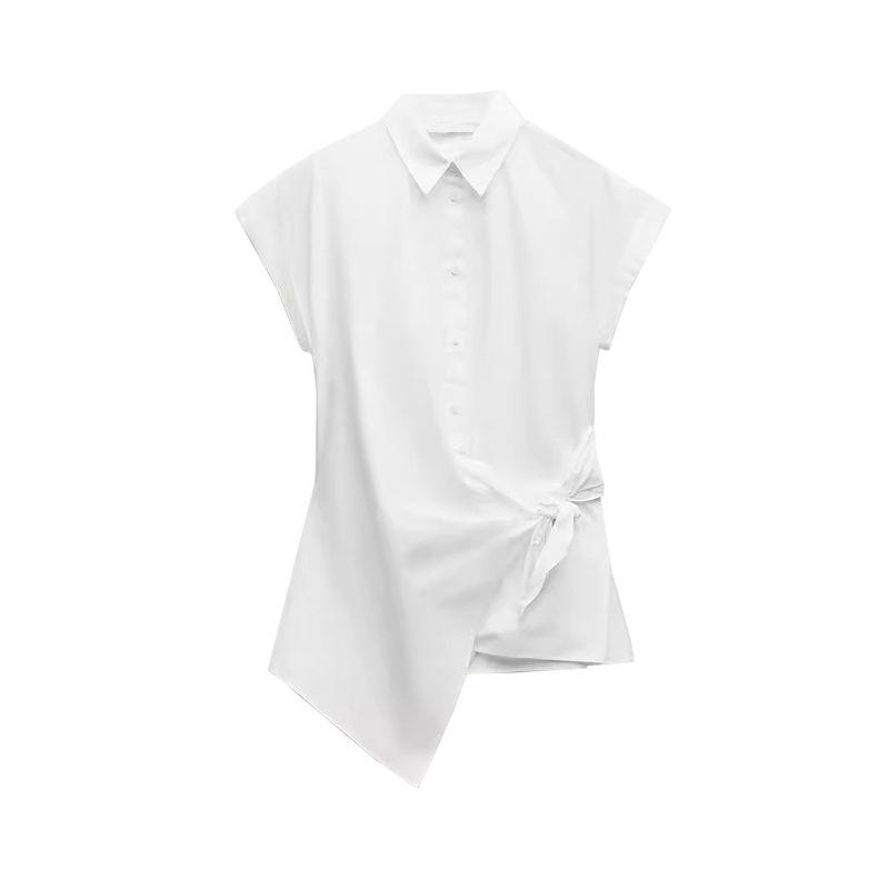 Spring New Temperament Work Clothing Lapel Short Sleeve Poplin Shoelace Shirt 4043050 9479048 3360