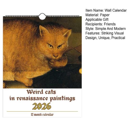 2026 Wandkalender 12-Monate Seltsame Katzen in Renaissance-Gemälden Kalender für Zuhause Büro Historische Katze