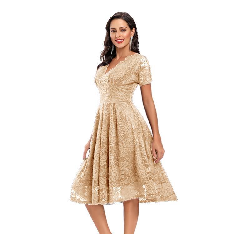 Bright Deer Women's Lace Cocktail Dress V Neck Short Sleeve Fitted Waist Midi Prom Bridesmaid Wedding Guest Party Evening Occasion Outfit
