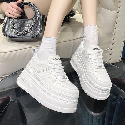 Chunky Leather Women Casual Shoes White Black 8cm High Platform Wedge Heels Sneakers Female Women Spring Autumn Skateboard Shoes