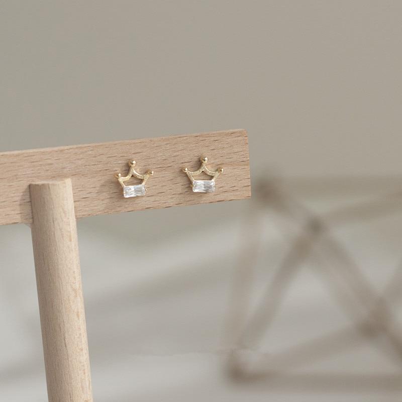 925 Sterling Silver Simple Inlaid Crystal Crown Stud Earrings Women Exquisite Small 14k Gold Plating Jewelry
