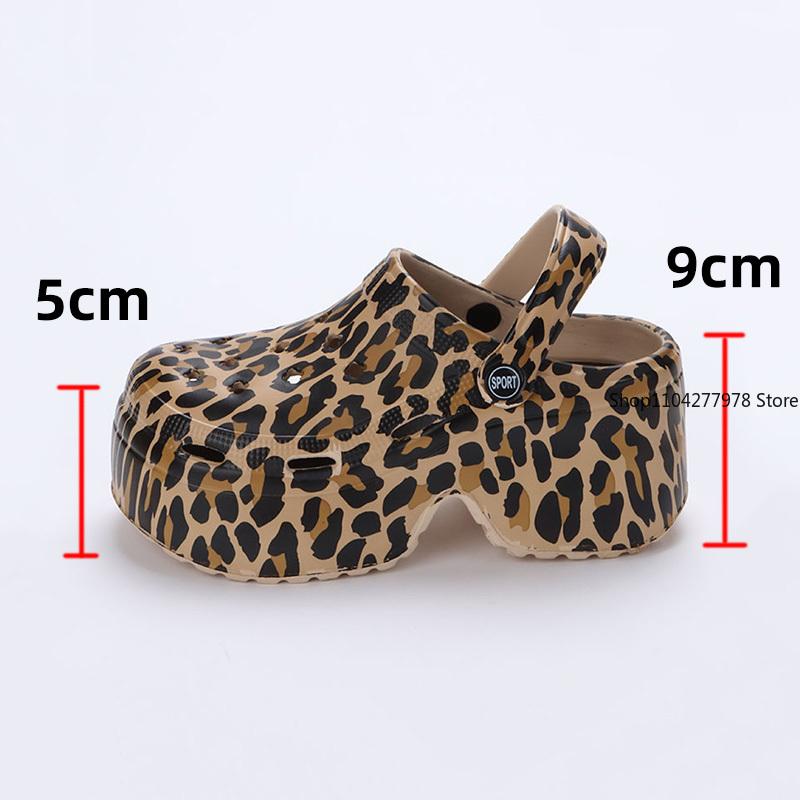 Fashion Leopard Thick Bottom Clogs for Women Closed Toe Chunky Platform Sandals Woman Summer 2025 Super High Wedge Heel Slippers Female