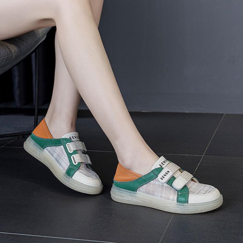 Erste Schicht Rindsleder Kleine weiße Schuhe Sommer Dünnes Mesh Atmungsaktiv Klettverschluss Lässige Board-Schuhe Ein Pedal Leder Krankenschuhe