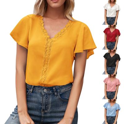 Ladies Casual Fashion Sexy Solid Color V-Neck Hollow Top