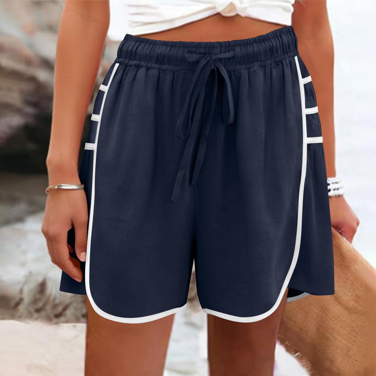 Women s Color Casual And Fashionable Drawstring Pocket Cotton And Linen Shorts S тёмно-синий